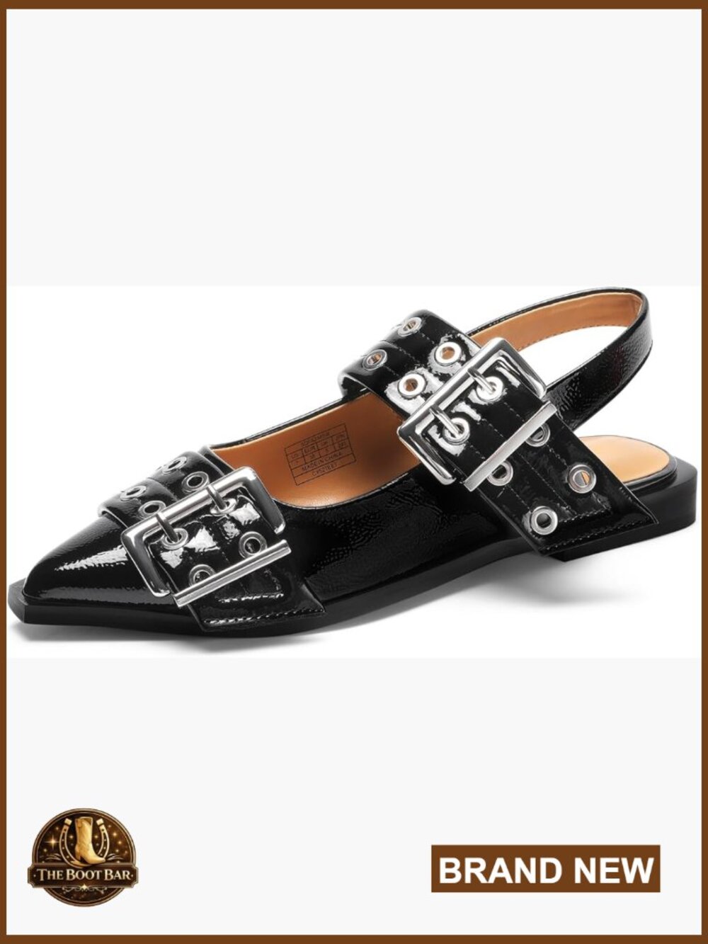 Women's Black Patent Slingback Flats with Buckle Detail